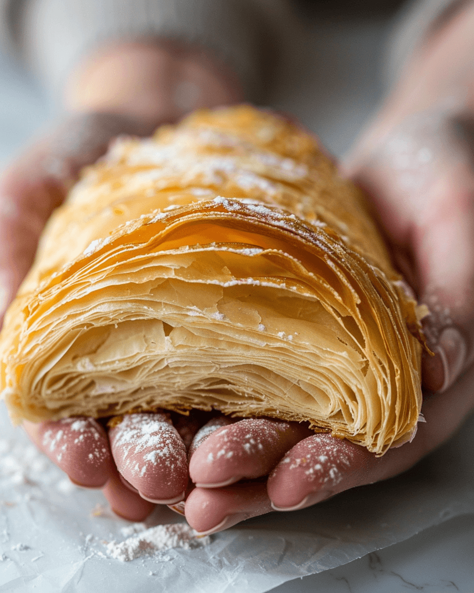 Perfectly laminated croissant dough held in a pastry chef's hands