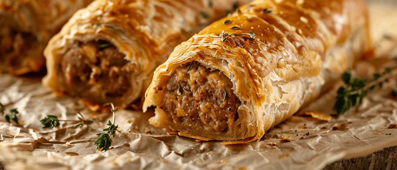Golden premium sausage rolls with flaky laminated pastry on parchment